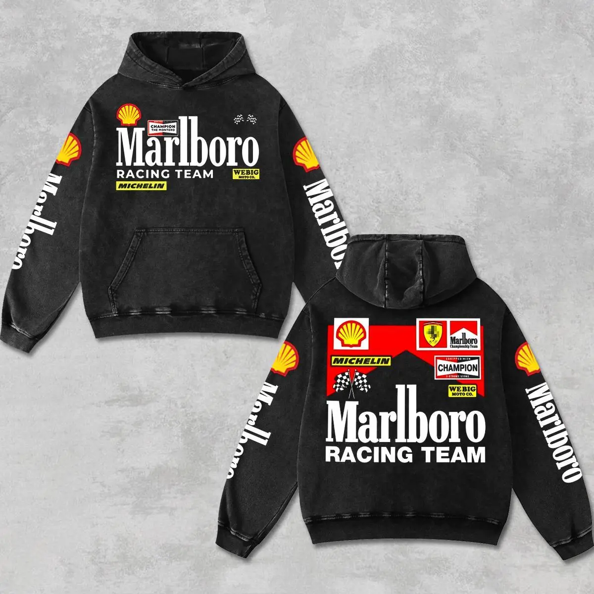 Retro Shell Marl Racing Team Hoodie Acid Washed Black, Project Purpose JDM Rally Car Enthusiast, Motorsport Off-Road Dirt Bike Graphic Streetwear, Retro Moto Gear Motorbike Apparel Men’s Grunge Y2K Racing Jacket Style