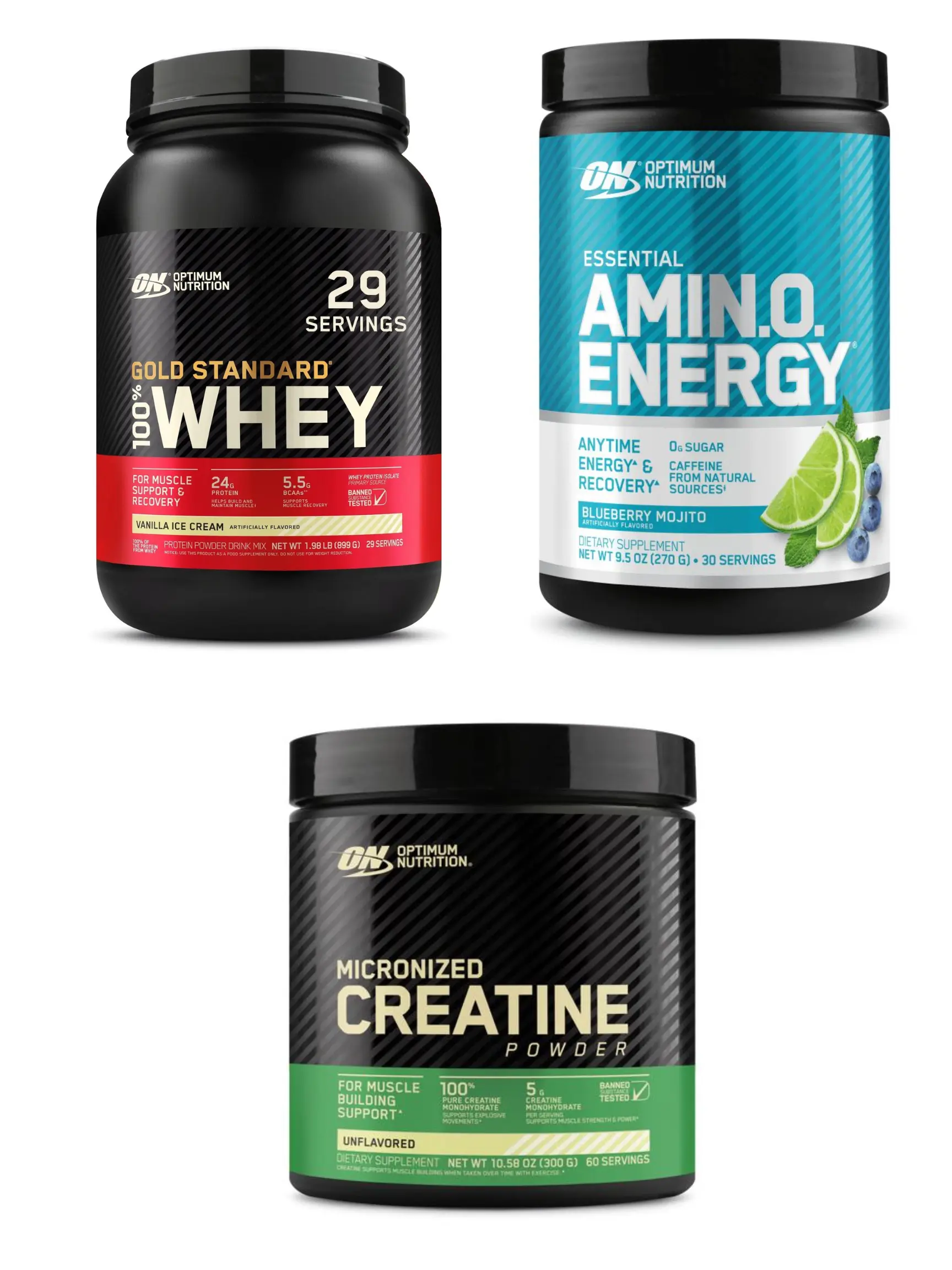 Optimum Nutrition Creatine Powder 60 srv + Whey 2lb Vanilla Ice Cream + Amino Energy Blueberry Mojito - Bundle Optimum Nutrition Creatine Powder 60 srv + Whey 2lb Vanilla Ice Cream + Amino Energy Blueberry Mojito - Bundle