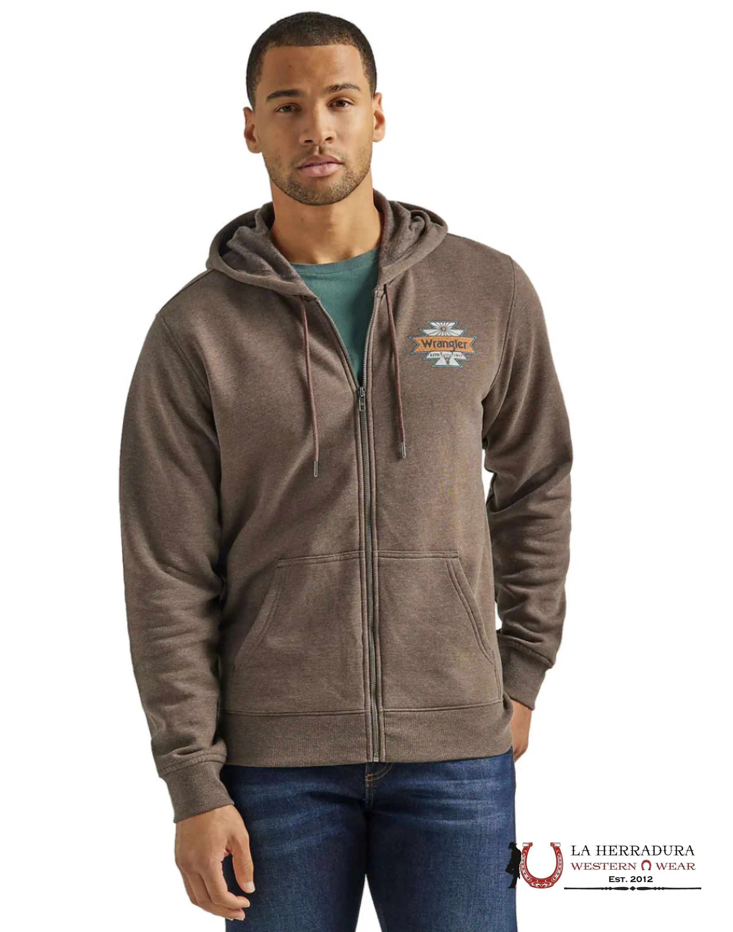Wrangler Men's Lightweight Cotton-Polyester Fleece Casual Zip-Up Jacket - Serape Print, Back Graphic Logo Patch, Everyday Wear, Versatile Menswear Top (112339639, Brown)