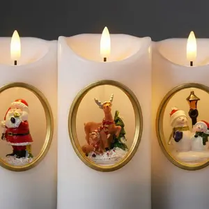 Flameless LED cylindrical candles for Christmas, perfect for creating a warm and festive atmosphere on special occasions. 3D black wick with rotating center and music included. Christmas set.