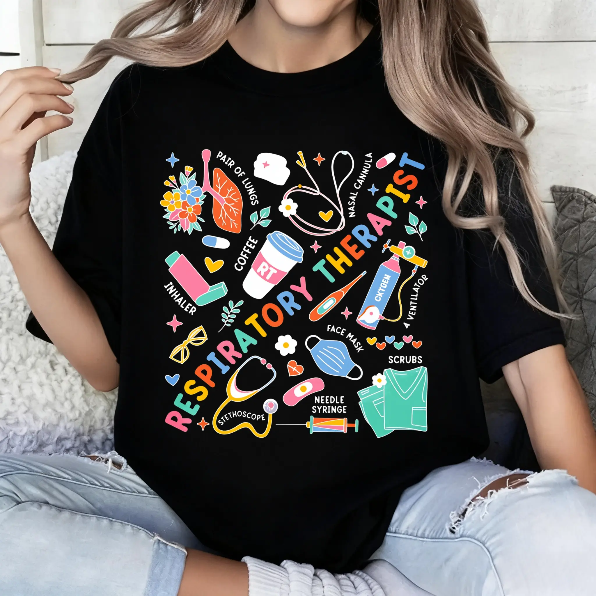 Women's Round Neck Short-Sleeve Graphic Respiratory Therapist T-Shirt - Loose, Anatomical Lungs Print, Comfortable Breathable Fabric, Machine Washable Casual Top, Gifts for Healthcare Workers