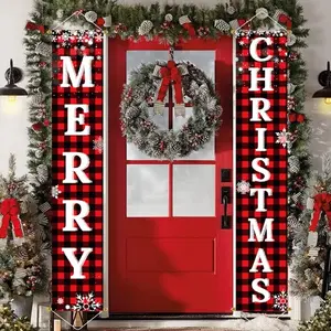 Christmas Decorations Outdoor Yard Front Porch Sign Set, Red Black Buffalo Plaid Door Banner, Hanging Merry Christmas Decorations for Home, Party Decoration, Indoor Outdoor Xmas Decor Wall Front Door Yard Garage