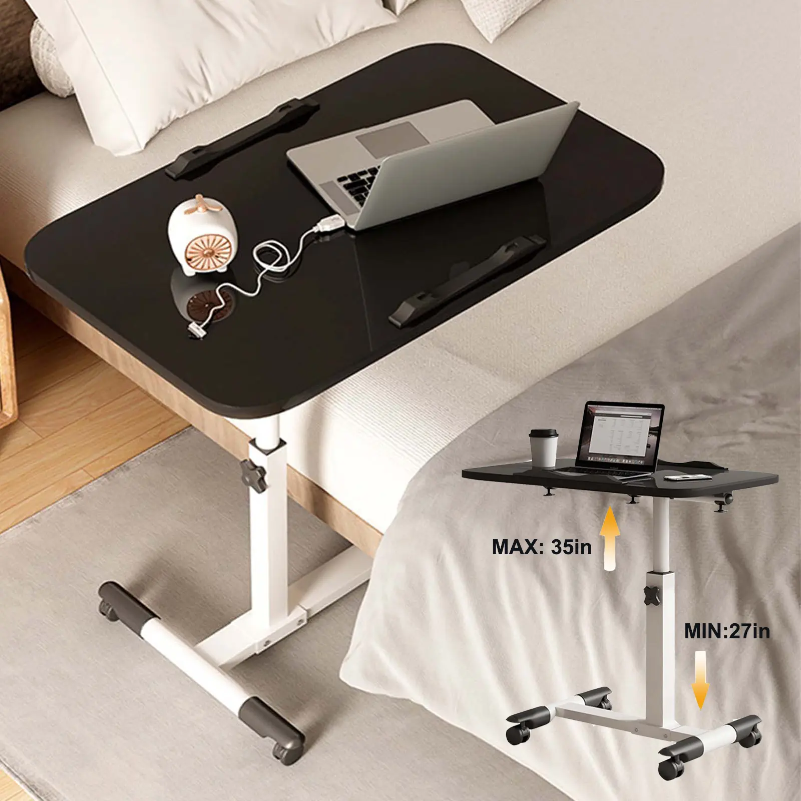 Adjustable Height Mobile Standing Desk, Portable Rolling Small Desk with Wheels, Foldable Desktop, Multipurpose Indoor Home Office Study Table