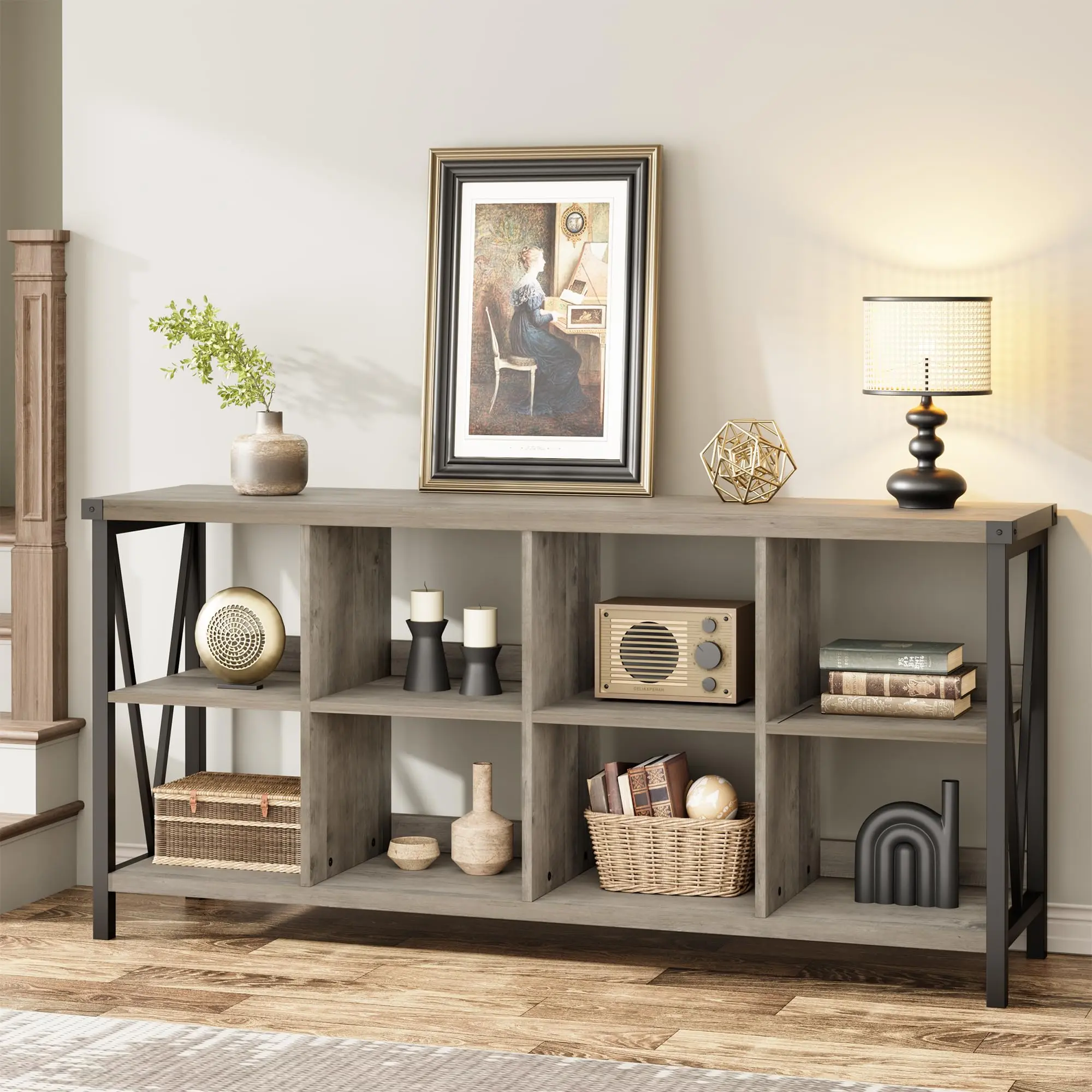 3-Tier 8-Cube Wooden Storage Organizer - 63" Long Classic Country Style Space Saving Furniture, Family Friendly 3-Tier 8-Cube Bookshelf (62"l x 13.4"w x 30.1"h) for Entryway, Living Room