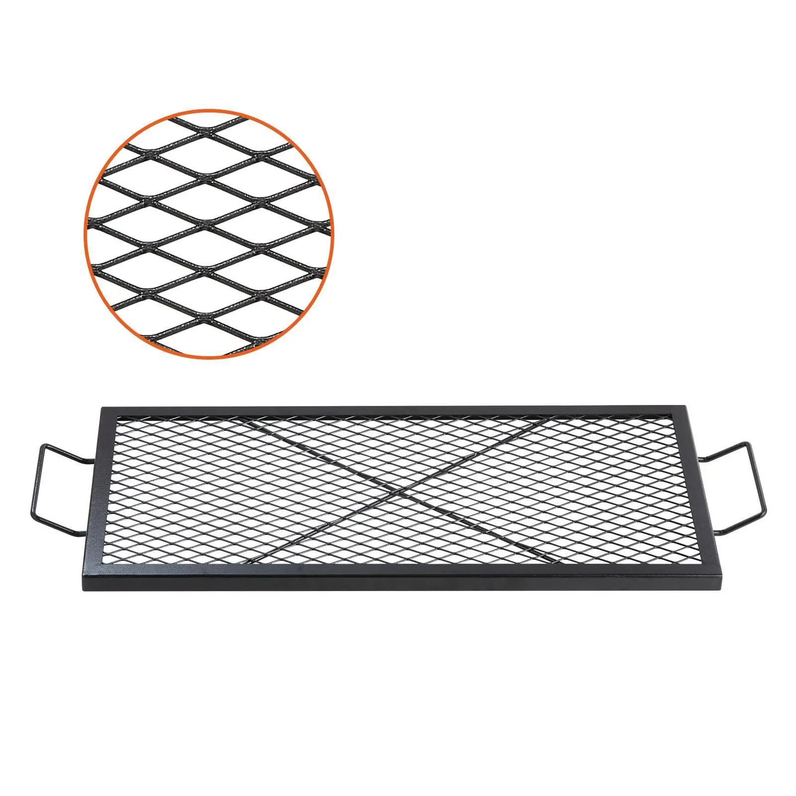 VEVOR Rectangular X-Marks Sturdy Fire Pit Grill Grate, 32x15 in Heavy-Duty Steel Open Flame Grill with Diamond-Shaped Mesh, Handle, X-Wire Support, Heat-Resistant Portable Cookware (44lbs Load Capacity) for Large Area Outdoor Grilling, Hiking#BacktoSchool