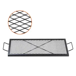 【DealsForYouDays】VEVOR X-Marks Fire Pit Grill Grate, Heavy-Duty Steel Rectangle Open Flame Grill with Diamond-Shaped Mesh, Handle, Support X-Wire, Heat-Resistant Portable Camping Cookware for Hiking, Picnic, Outside Gathering