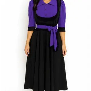 Overo Purple & Black Midi Dress with Puff Sleeves, Button Front, and Tie Waist, Casual Style