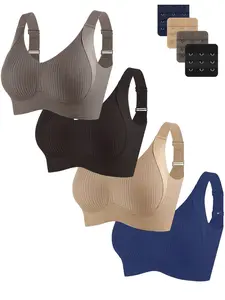 4-Pack Women's Striped Seamless Bra Set, Convertible Multiway Bras, Buckle Back Bra, Underwear, Soft Comfortable, Plain Four-Row Buckle Adjustable Shoulder Straps, Medium Support, All Seasons