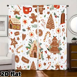 2D Flat 2Pcs, Christmas gingerbread cookie pattern curtain panel, festive holiday elements, semi sunshade rod pocket style, Easy install curtain, suitable for home living room, bedroom, kitchen decoration, Christmas gift window