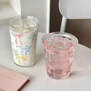 Butterfly Coffee Cup Dessert Bowl Set Glass Cup Girly Cute Pink and Colorful Bowknot  Glass Cup for Home Use, High-Appearance Drinking Cup for Girls, Thickened Breakfast Milk Coffee Cup