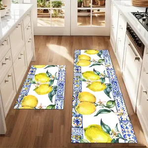 2Pcs Summer Lemon Floor Mat Set Blue Bohemian Geometric Striped Lemon Leaf Printed Carpet Farmhouse Anti Fatigue Kitchen Carpet Non Slip Washable Winter Kitchen Restaurant Floor Laundry Room Decoration Carpet Mat Farmhouse Kitchen Rugs