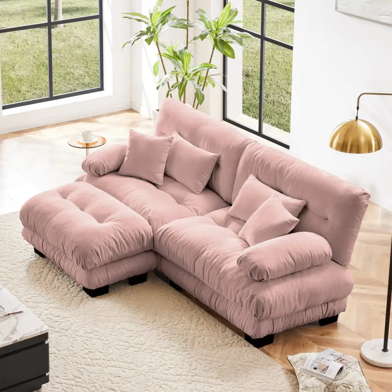 Modular Sectional Sofa Cloud Couch, Deep Seat L Shaped Couch with Ottoman, Pink Sofa Sectional Couches for Living Room, Comfy Chenille Loveseat with 4 Pillows, Small Couches for Small Spaces
