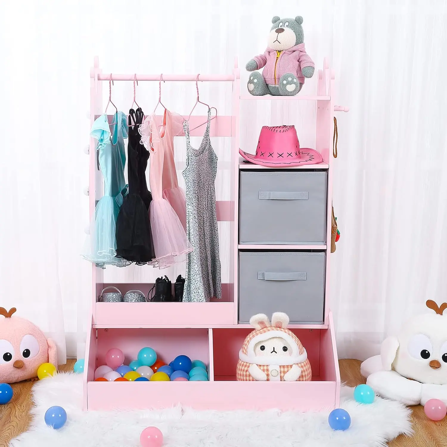 Girls Dress Up Storage with Light & Mirror - Kids Armoire with Clothing Rack, Storage Shelves & Bins, Wardrobe Organizer for Toys & Clothes
