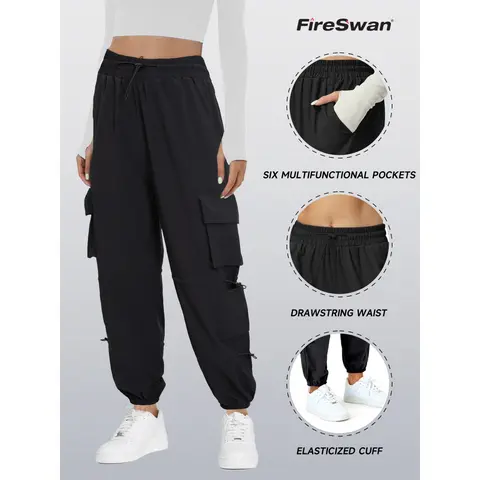 FireSwan Women's High Waist Basic Pocket Front Tie-Front Cargo Pants - Spandex-Polyester Machine Wash Hike-Ready Sporty Drawstring Imported All-Season Casual Trousers for Daily Wear