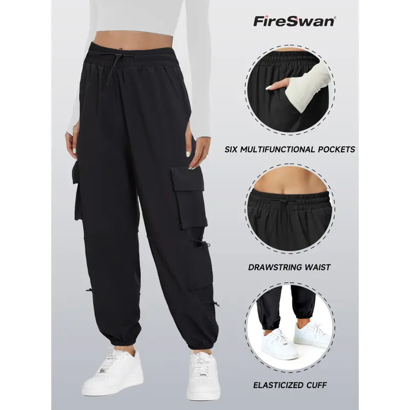 FireSwan Women's High Waist Basic Pocket Front Tie-Front Cargo Pants - Spandex-Polyester Machine Wash Hike-Ready Sporty Drawstring Imported All-Season Casual Trousers for Daily Wear
