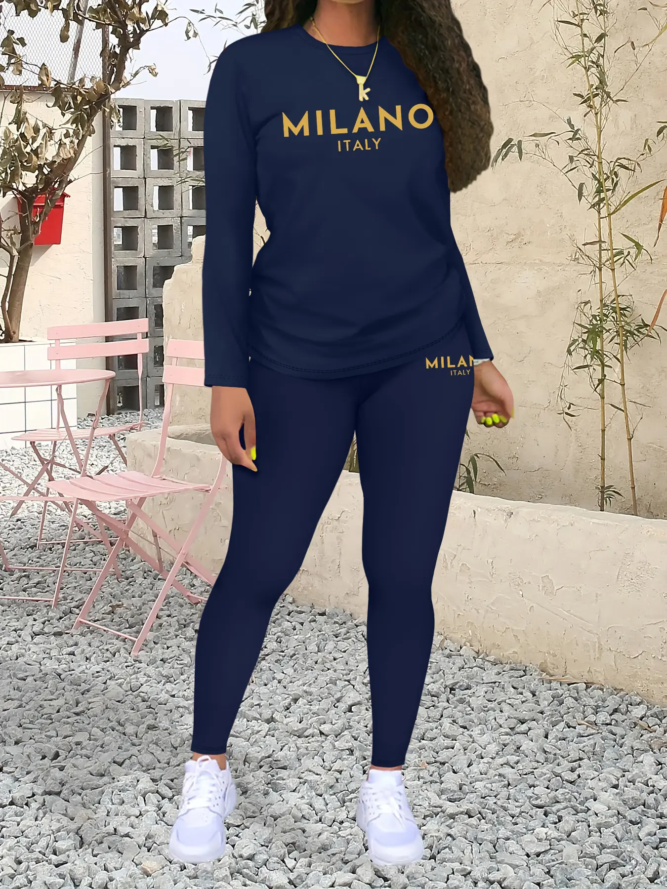 MILANO Letter Print Women's Casual Sportswear Two-Piece Set, Casual Sporty Set, Sweatsuit Matching Set, Fashionable Long Sleeve Top & Tight Pants, Fall & Winter