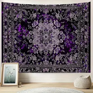 1pc Elegant Purple Floral Tapestry - Intricate Black & Purple Floral Pattern, Vintage Art Wall Hanging for Bedroom, Office, Party Decor, Ideal Gift, Polyester Fabric, Multiple Sizes Available, Bedroom Wall Decor |     Intricate Tapestry |     Detailed Flo