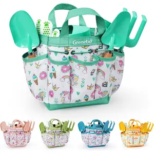 Kids Gardening Set Toys,Includes Metal Trowel,Transplanting Shovel,Garden hat,Rake,Apron,Gloves,Watering Can,and Tool Organizer Bag (Lake Green)