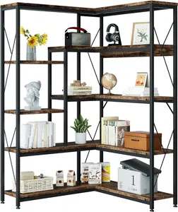 Walsunny 5-Shelf Corner Bookshelf, L-Shaped Bookcase, Etagere Shelf Storage Rack with Metal Frame for Home Office,Retro,Freestanding Industrial Ladder