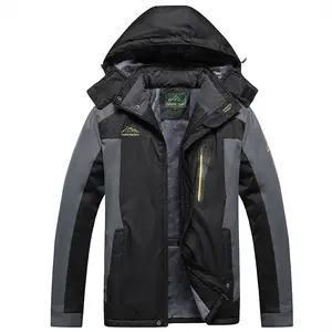 Men's Black Gray Outdoor Jacket, Waterproof Fleece-Lined Hooded Hiking Winter Coat with Multi-Pockets