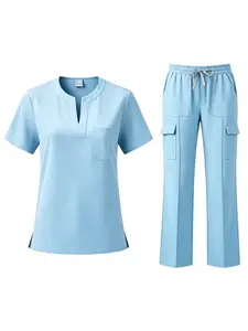 Men Multi Color Short Sleeve Scrub Set, Breathable Lightweight Top with Pants for Pet Shop Spa Beauty Salon Vet Clinic Workwear Uniforms