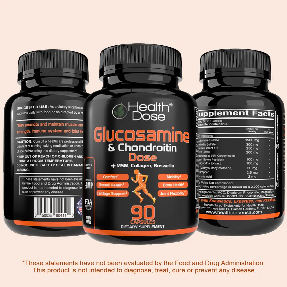 Health Dose Glucosamine & Chondroitin Dose with MSM Collagen Turmeric Ashwagandha Boswellia & Hyaluronic Acid 90 Capsules Unisex Natural Supplements for Joint Support Comfort Mobility Bone Health Dietary Fitness