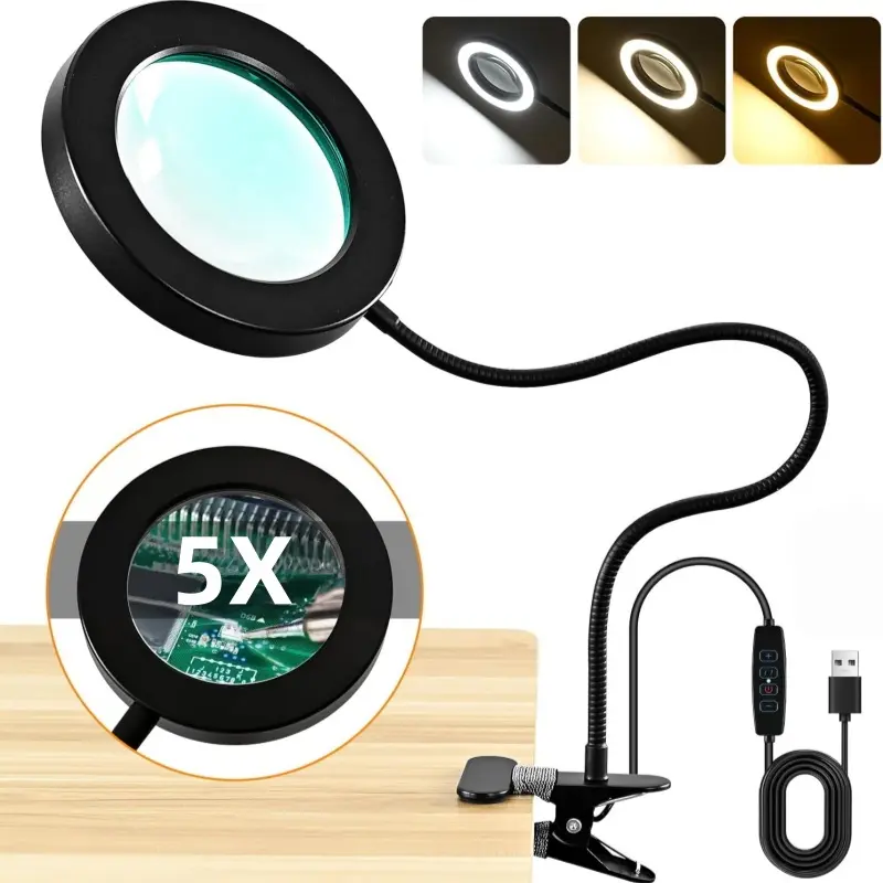 5x Magnifying Lamp with Clip, Adjustable Lighting, Adjustable Brightness, Flexible Gooseneck, Push Button Control, Ideal for Crafts, Diamond Painting, Seniors