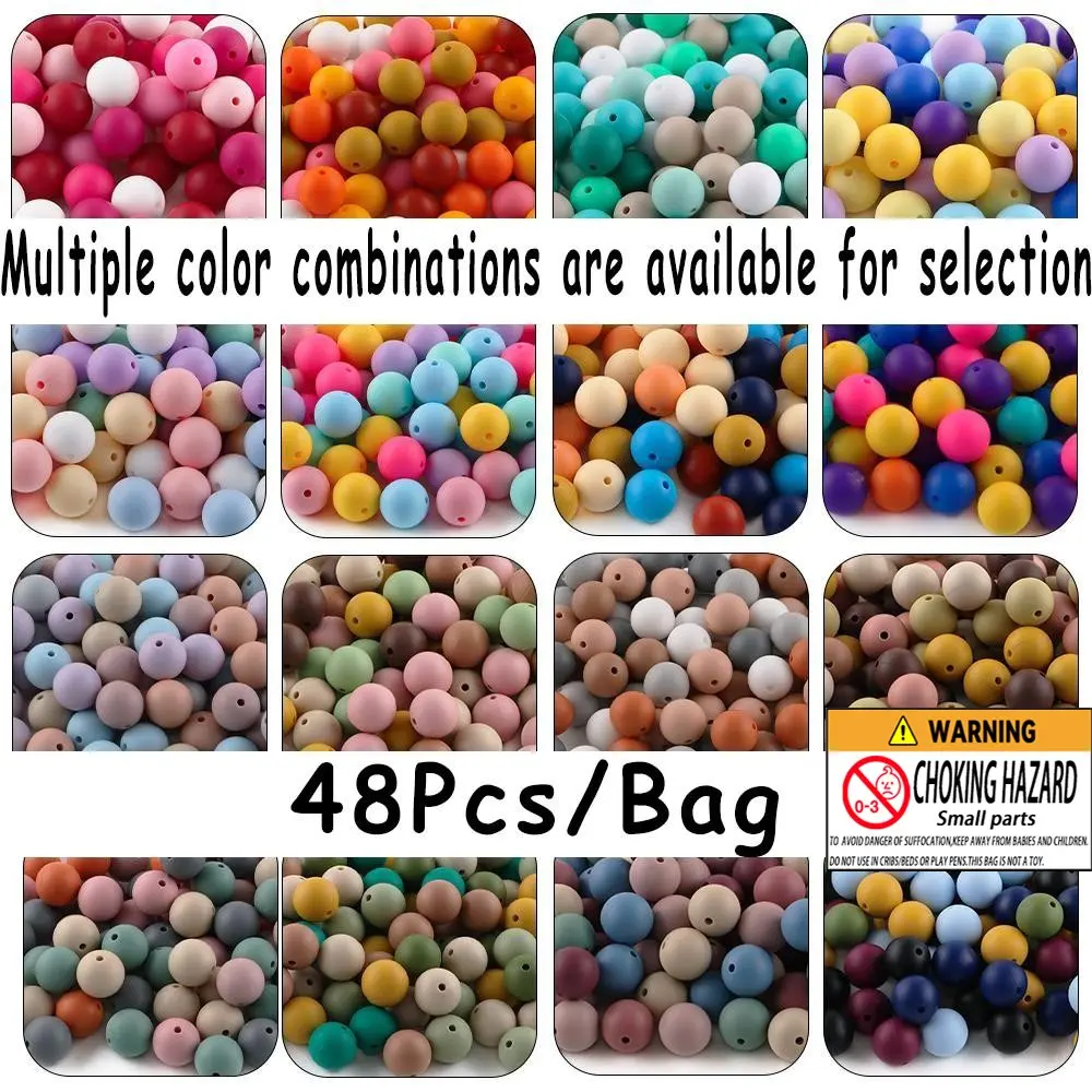 48pcs Silicone Solid Color Round Beads, Seed Craft Beads Assortment in 6 Color Combinations, Suitable for DIY Bead Pens, Pendants, Keychains and Bracelets, Interchangeable Bead Set for Crafts and Jewelry Making