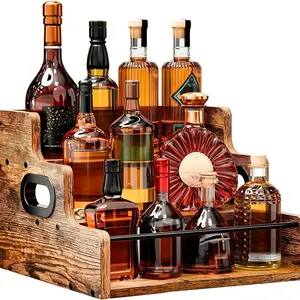 Solid Wood Wine Bottle Display Rack, Coffee Syrup Storage Organizer, 3-Tier Countertop Liquor Shelf, Practical Storage Holder for Bar, Wine Cabinet and Home Bar, Perfect for Whiskey, Spirits and Seasoning Spice Organization