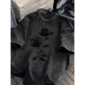 Men's Casual Short-Sleeve T-Shirt, Letter Print Summer Streetwear Top, High-Quality Heavyweight Oversized Vintage Distressed Pure Washed Round Neck Loose Hip-Hop Fabric Shirt