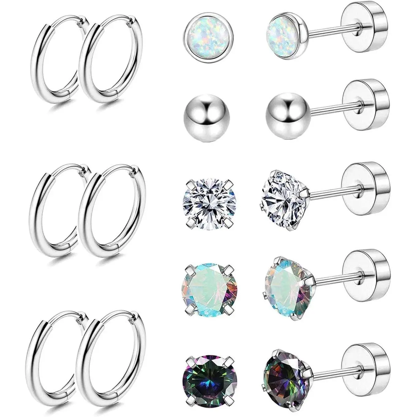 Jstyle Women's 8 Pairs 20G Surgical Steel Studs Earrings - Hypoallergenic Non Tarnish Jewelry for Sensitive Ears, Flat Back Artificial Zirconia & Opal Ball Hoops for Helix Piercing, Artificial Zirconia Earrings, Flat Back Earrings