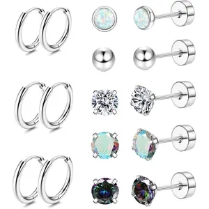 Jstyle 8 Pairs Surgical Steel Earrings for Sensitive Ears Hypoallergenic 20G Stainless Steel Stud Hoop Earrings for Women Men Small Opal Ball CZ Studs & Hoops Jewelry - Studearrings