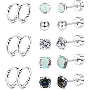 Jstyle 8 Pairs 20G Surgical Steel Stud Earrings for Sensitive Ears - Hypoallergenic, Non Tarnish, Tarnish Free Flat Back Jewelry with Opal Ball CZ Studs & Hoops for Women - Helix Piercing Earrings,summeroutfits,vacationoutfits,beachoutfits