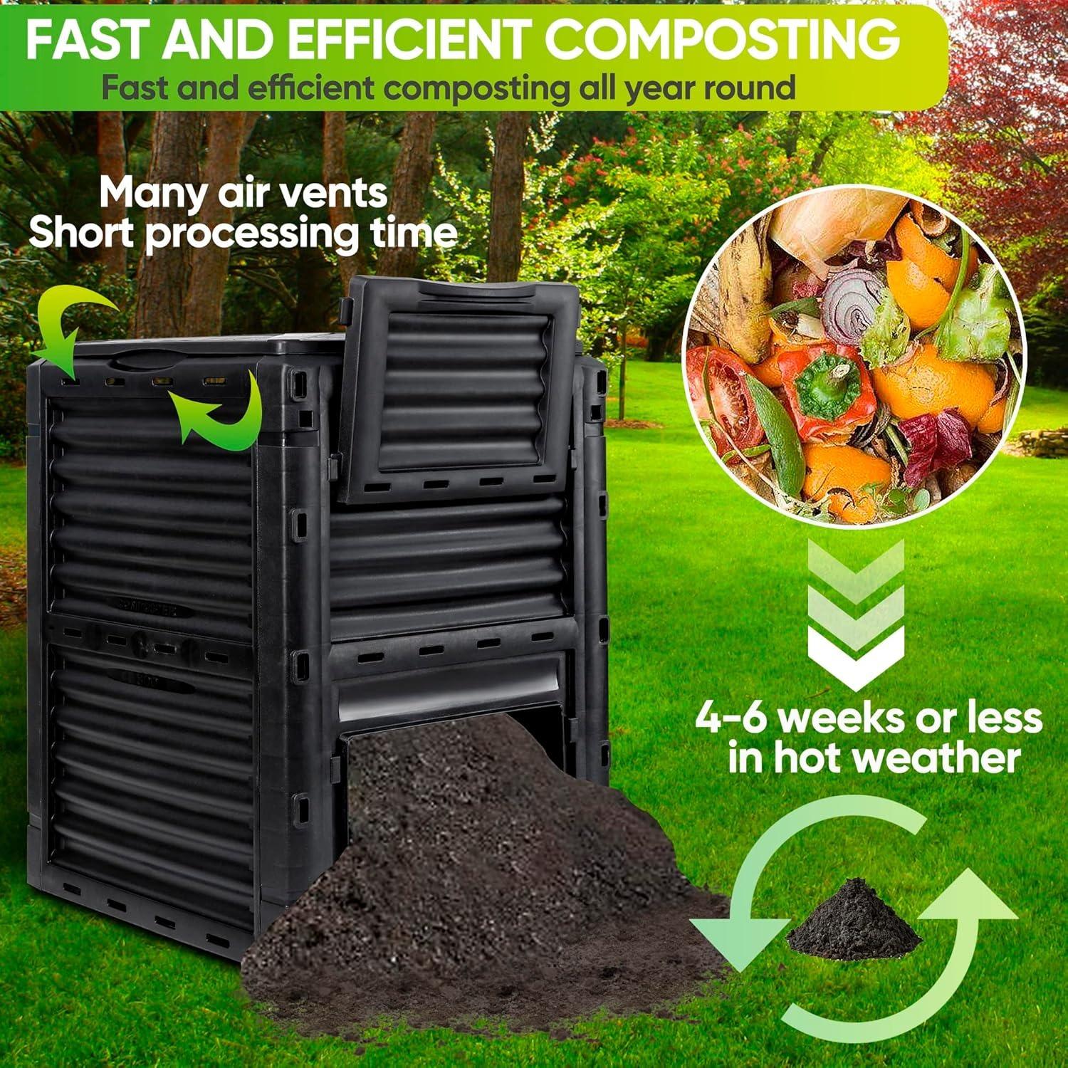 Compost Bin 80 Gallon,Includes Gloves, Large Compost Bin w/Top Flip Latch-on Lid, Bottom Exit Door Aerating Outdoor Garden Compost Box,BPA Free Material for Backyard Outdoor, Black
