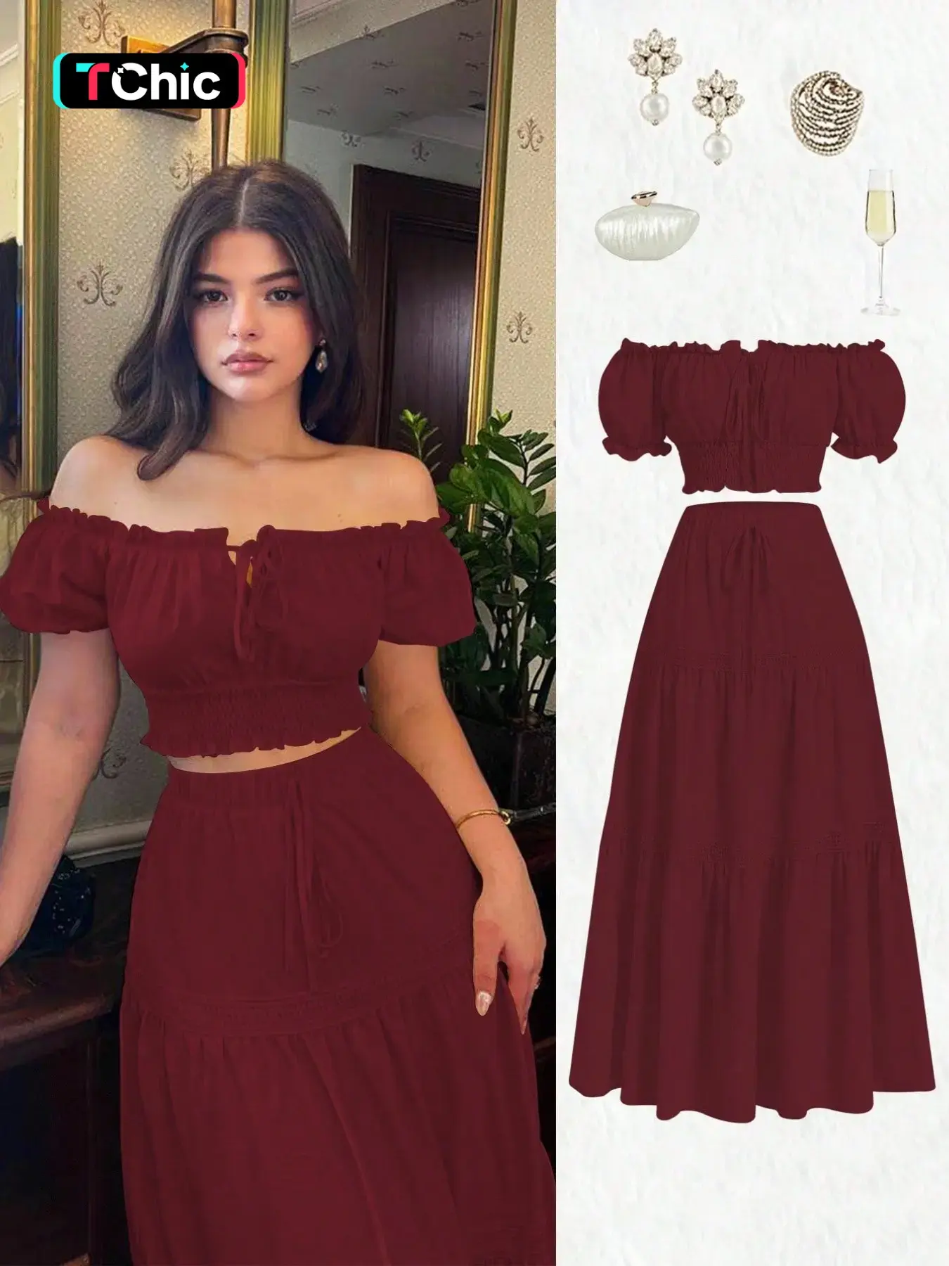 New Women's One Shoulder Bubble Sleeve Front Tie Bow Waist A-Line Skirt Set, Clothes, Fashion Sets, Casual Fashion Chic Young Daily Wear, Elegant Two-Piece Outfit