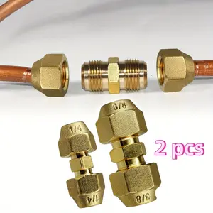2Pieces Copper Pipe Extension Joint Connectors for Air Conditioning Pipe Coupling Adapters with Flare Nuts and Connectors for Copper Tube Diameter 3/8 and 1/4-Inch