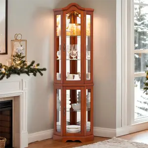 Eyisean Corner Curio Cabinet, 70.5" H Lighted Glass Display Case with 5 Adjustable Tempered Glass Shelves, Wine Cabinet Rack for Bar and Liquor Storage (E26 Bulb Not Inclued)