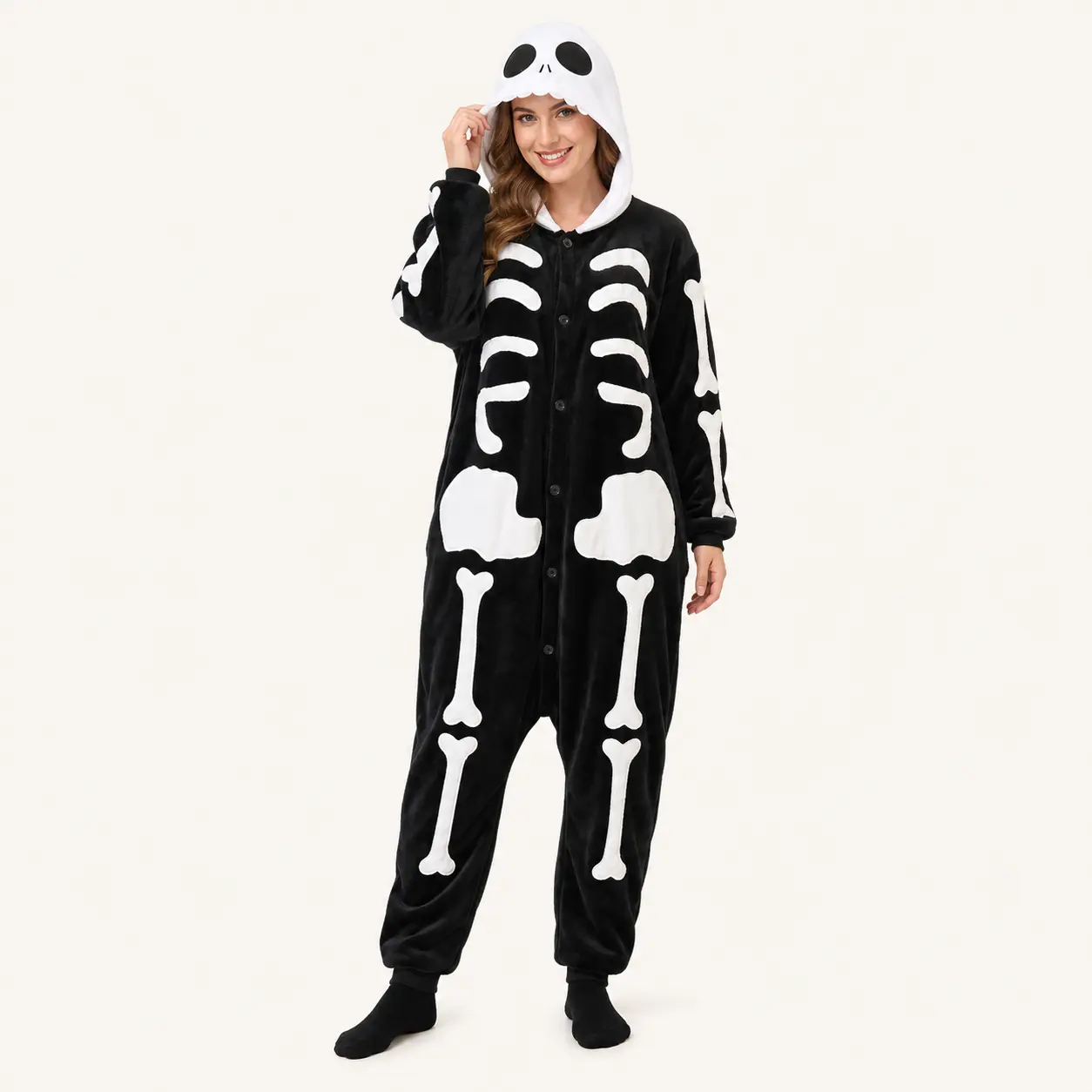 Big Eye Skeleton Hooded Kigurumi Onesie, Long Sleeve Fabric Sleepwear & Loungewear Black Unisex