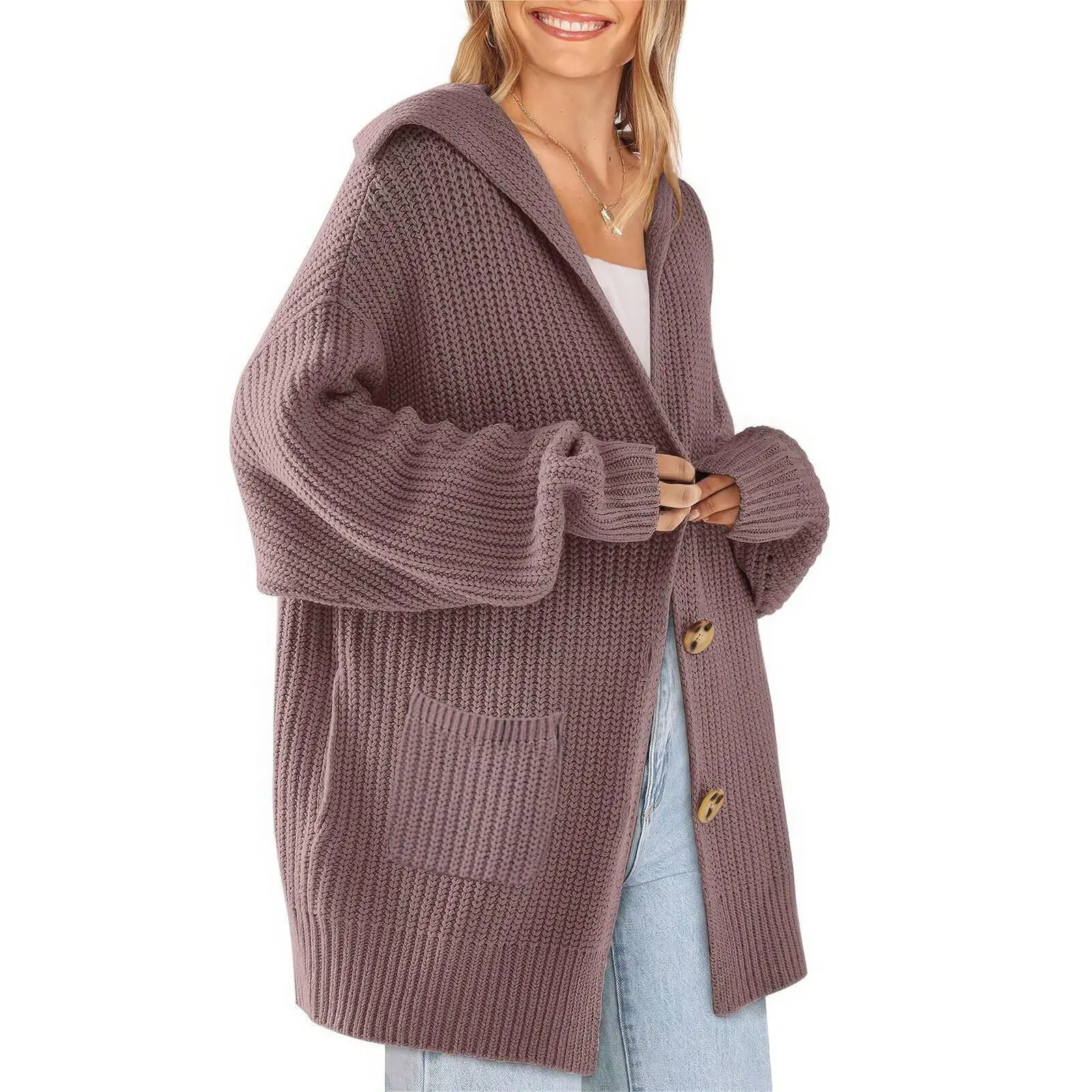 Chouyatou Women's Loose-Fit Sailor Collar Cardigan Relaxed-Style Long-Sleeve Knit Jacket with Pockets