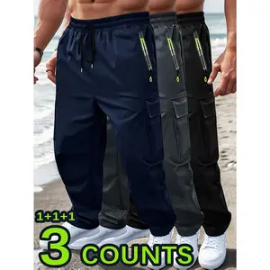 3-Pack Plus-Size Men's Straight-Leg Casual Trousers: Elasticated Drawstring Waistband, Multi-Pocket Configuration, Comfort-Fit Design – Versatile for Outdoor Activities, Sports and Daily Wear