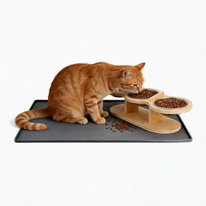 Elevated cat bowl with 15° tilted wooden stand with 3 stainless steel cat bowls for indoor cats, small dogs and puppies