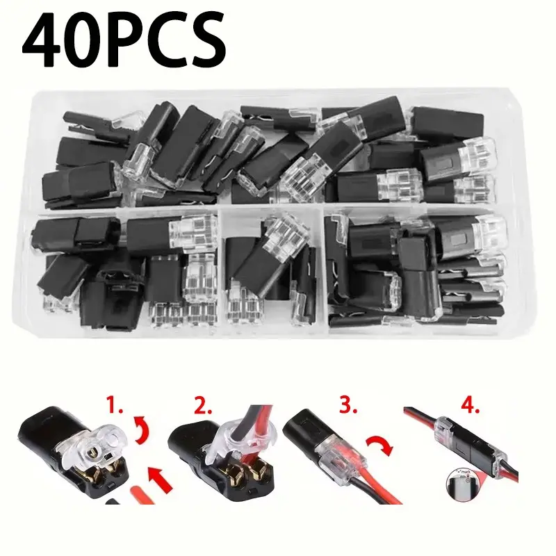 40pcs D2 Double Line Interlocking Detachable Quick Connect LED Connectors with Storage Box, Bidirectional 2-Pin Buckle Terminal Connectivity for 18-22awg Wires Quick Snap Connector, Solderless Connectors Quick Connector Coupler, Cable Connector Kit