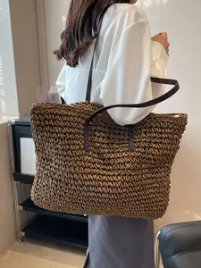 Fashion Solid Color Woven Bag Large Capacity Straw Tote Backpack, Beach Vacation Shoulder Bag, Stylish Handbag for Women, Casual Tote Bag, Fashionable Bohemian Bag