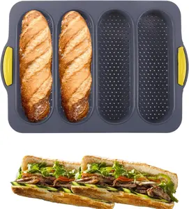 4-cavity Silicone Bread Loaf Pan, Nonstick Sourdough Loaf Pan & Heat Resistant Baguette Bread Pan, Bread Pans for Homemade Bread, Silicone Molds for Baking Hoagie Rolls, Sandwich, Hot Dog Buns