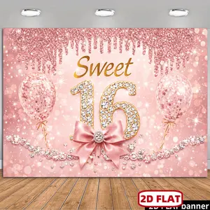 2D Flat Sweet 16th Birthday Party Backdrop Banner, Pink-Golden Style Textile Decoration with Rhinestone Number 16, Pink Bowknot, Sequins Balloons, Dazzle Star Ornaments, Durable Fabric, No Power Needed, Suitable for Indoor Use, Banners