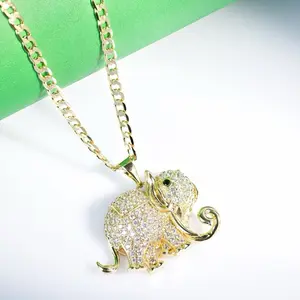 Unisex 14 Karat Gold Laminated Iced Elephant Design Pendant with 3MM Cuban Link Chain, Fully Iced Cubic Zirconia, High-Shine, Bold Presence Costume Jewelry Necklace