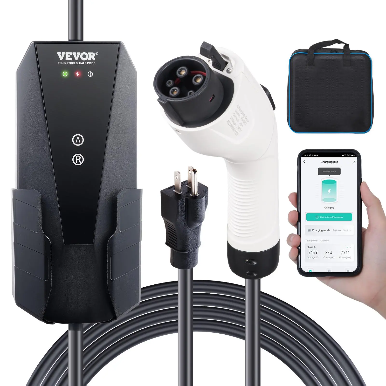 【DealsForYouDays】VEVOR Level 1+2 Portable EV Charger, , 16 Amp 120V or 240V, Electric Vehicle Charger with 28-Foot Charging Cable NEMA 6-20P Plug NEMA 5-15 Adapter, Plug-in Home EV Charging Station for SAE J1772 EVs