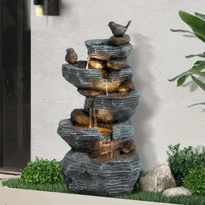 5-Tiers Cascading Rock Water Fountain Outdoor - Waterfalls Fountains with LED Lights, Outdoor/Indoor Resin Water Feature Fountain for Patio, Garden, Backyard, Deck, Porch, Home Decor