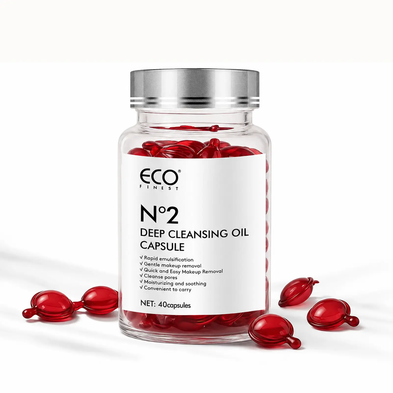ECO Finest Deep Cleansing Oil Capsules - Gentle Pore Clean Makeup Remover Cleanser, Alcohol Free, No Harsh Additives, Travel-Friendly, Youth-Focused, 40 Count, Olive Jojoba Camellia Oil Blend, Natural Ingredients, Facial Cleanser