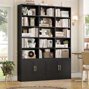 FOTOSOK Modern 15-Cube Bookcase with 4 Doors & 2 Storage Cabinets | 5-Tier Triple-Wide Large Bookshelf for Living Room, Study, and Home Office